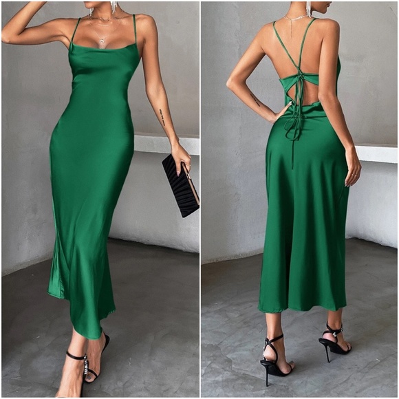 Luxe Satin Lace up back Backless Party Evening Dress - Picture 9 of 9